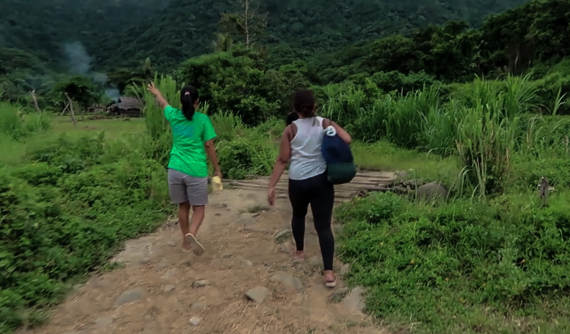 tourguide and visitor walking through farmlands going to the kabigan falls in pagudpud ilocos norte philippines